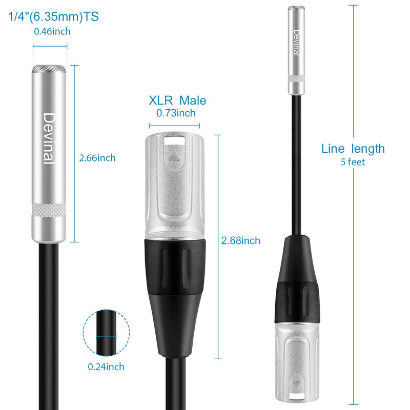 Devinal XLR Male to 1/4" Female calbe, 3 Pin Male to 6.35mm Socket Audio Cord, XLR Plug to TS/TRS Quarter inch Adapter Connector Converter Metal Construction 5FT 1.5m 1/4 to XLR Male Cable 5 FT