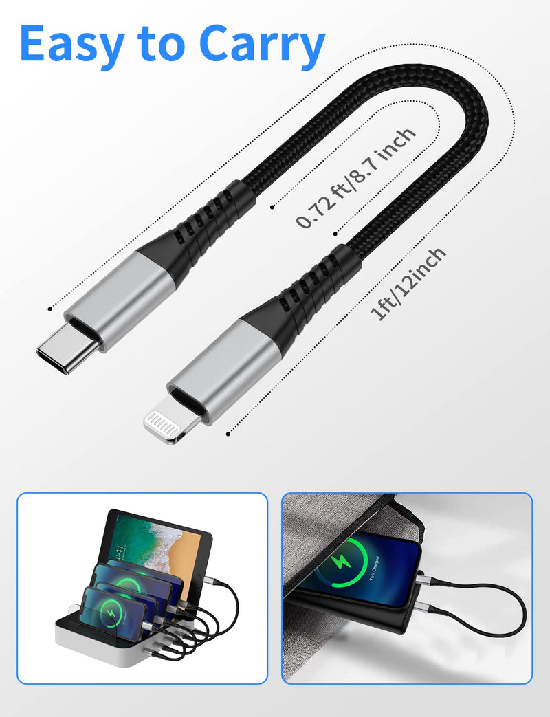 Short USB C to Lightning Cable 1FT, 3Pack Braided USB Tpye C to iPhone Cord PD Fast Charging 1 Foot USBC to Lightning Cable for Apple iPhone 14 13 12 11 Pro Max Mini 10 8 7 Plus XR XS SE iPad Air Mini USB-C to Lightning