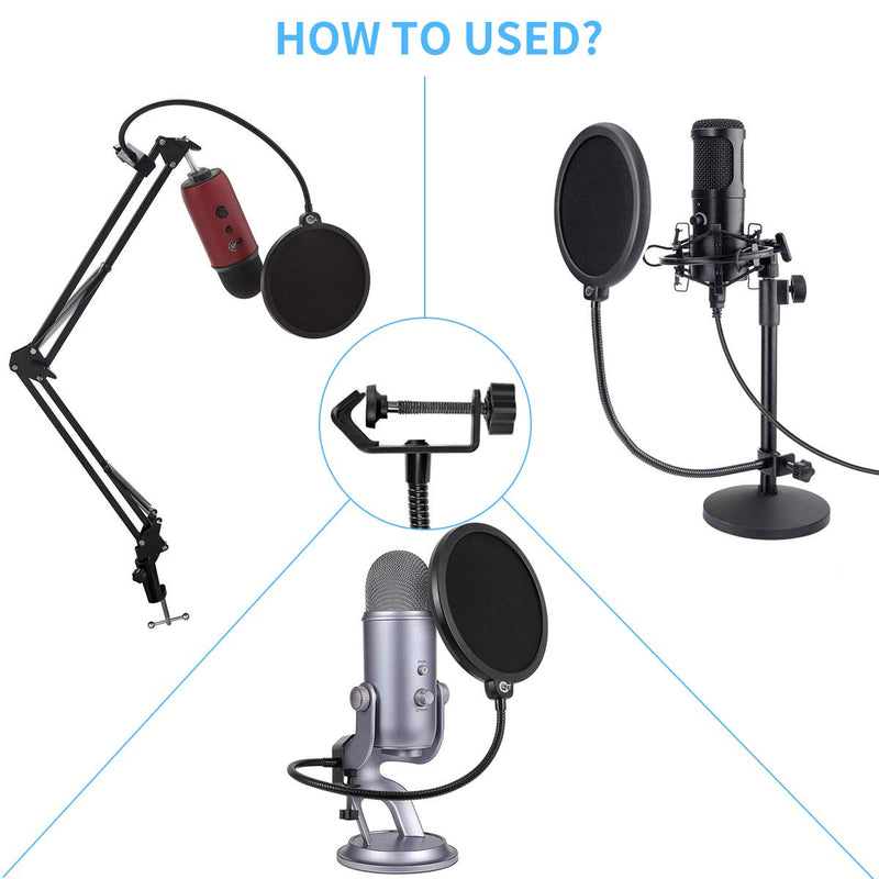 [AUSTRALIA] - EJT Upgraded Microphone Pop Filter Mask Shield for Blue Yeti and Other Mic, 6 Inch Dual Layered Pop Wind Screen with Enhanced Flexible 360°Gooseneck Clip Stabilization Arm 