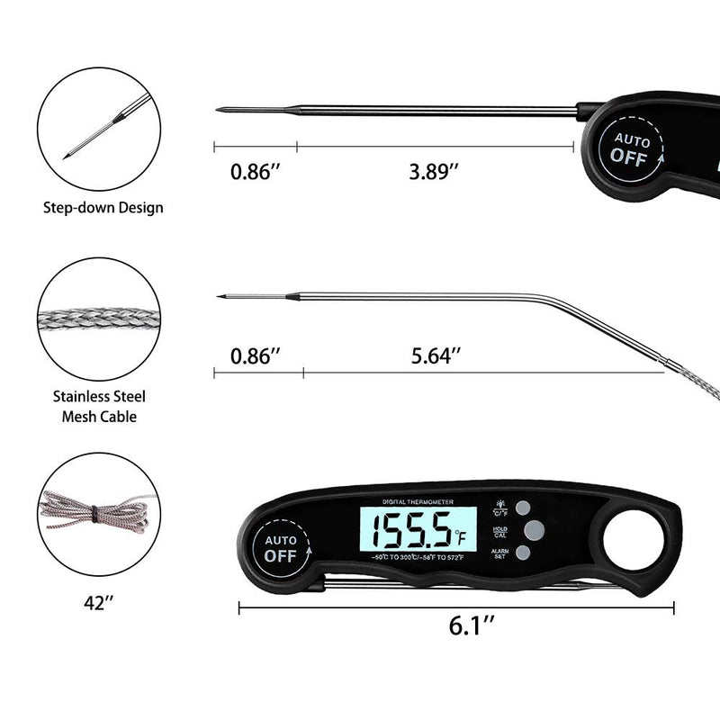 GAISTEN Food Thermometer, Digital Food Thermometer Instant Read, Meat Thermometer for Cooking, Grilling, Smoking, Baking, Turkey, Milk, Dual Probe Thermometer 2 in 1 Function(Black) Black