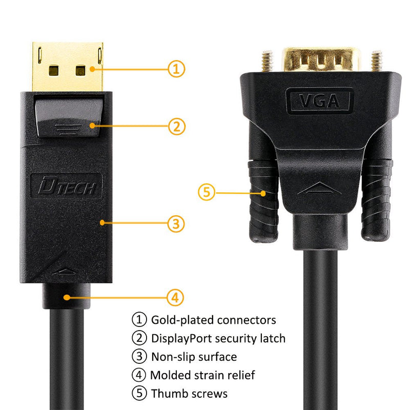 DTech Displayport to VGA Cable 10ft, DP Male to Male Cord Adapter with Gold Plated Connector (Black, 10 Feet)