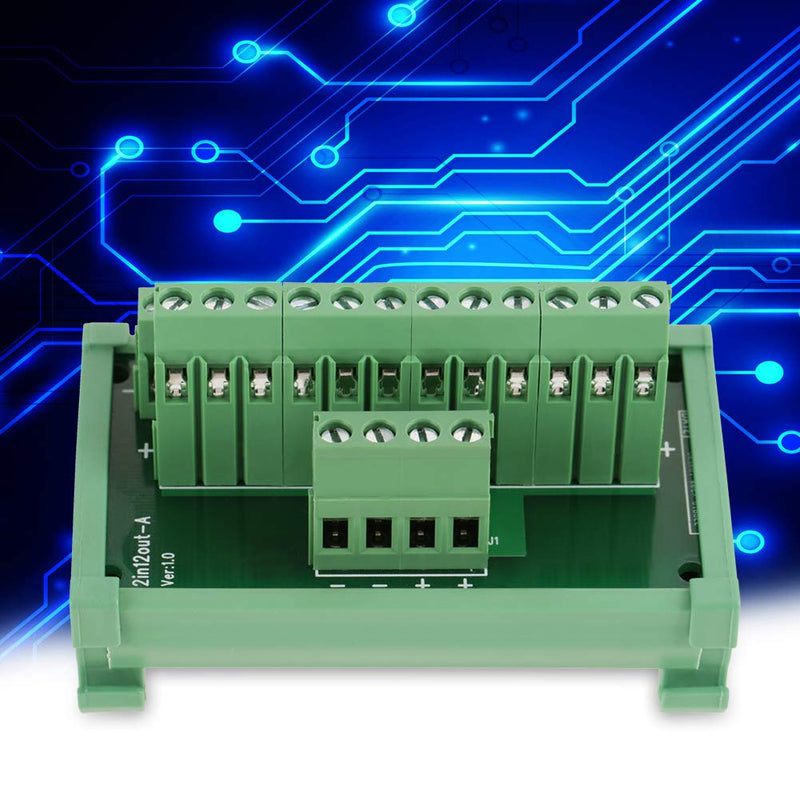 2 in 12 Out Power Supply Breakout Board Adapter DIN Rail Mount Port Terminal Module for PLC Power Amplifier