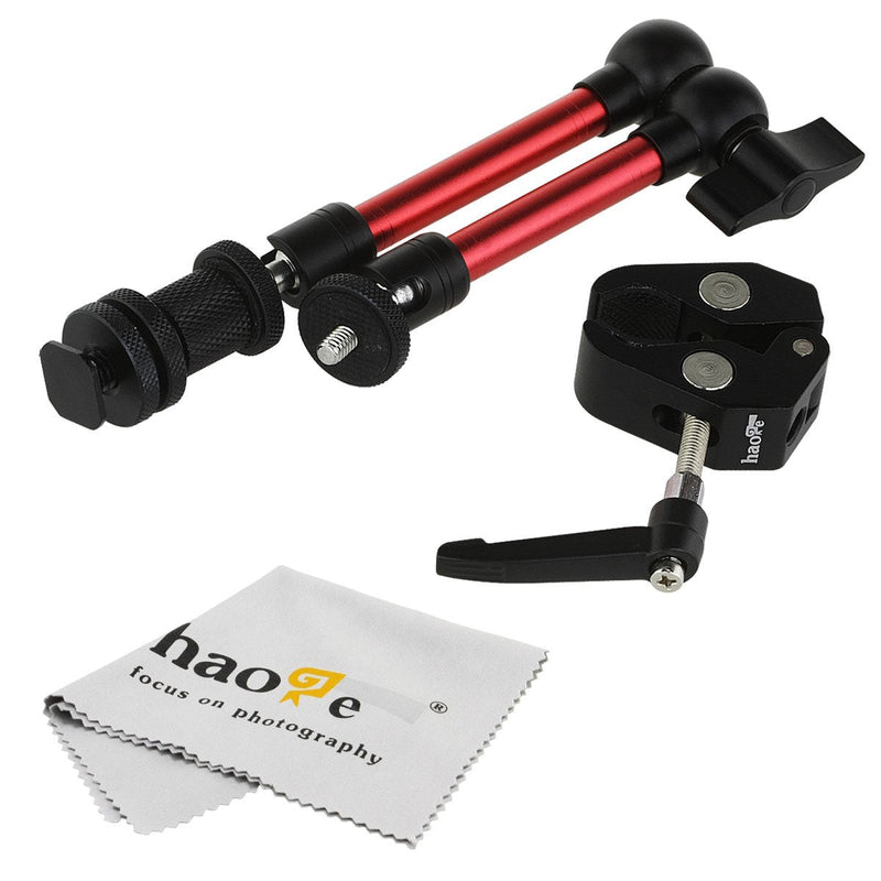Haoge 11 inch Articulating Friction Magic Arm with Small Clamp Clip for HDMI LCD Monitor LED Light DSLR Camera Video Tripod Flash Lights Microphone TPCAST HTC Vive Pro Base Station lightinghous Red