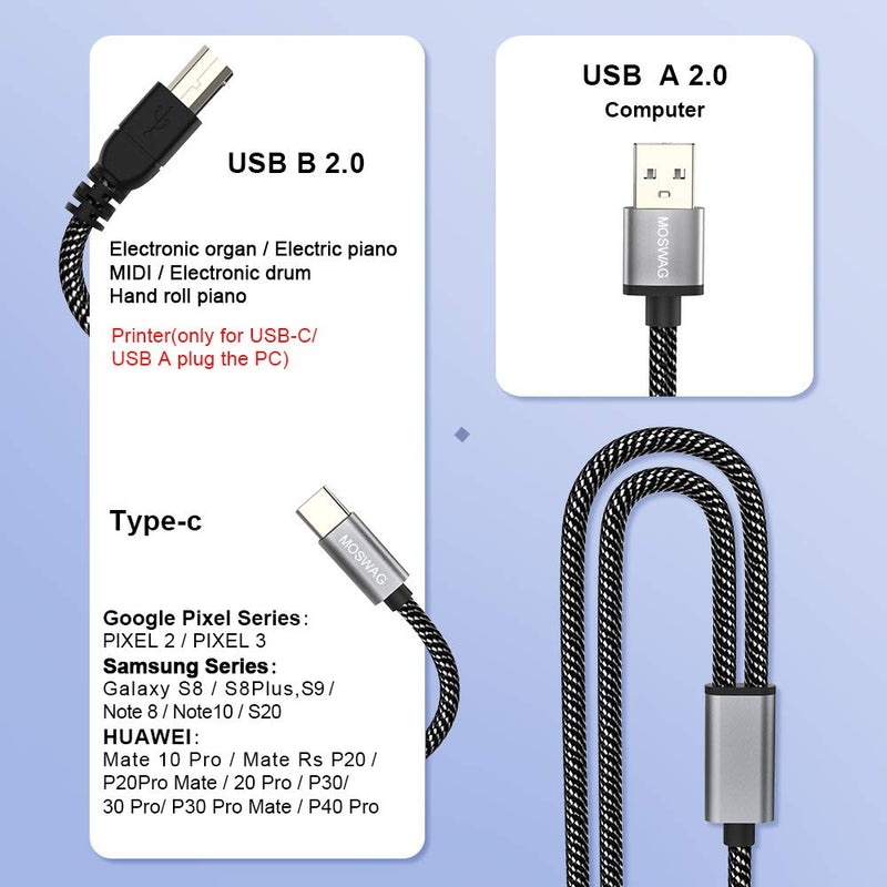 MOSWAG 2in1 USB Printer Cable 3.28FT/1M with USB C to MIDI Cable Printer Cable,USB MIDI Cable USB C to USB B MIDI Cable,Cable,Compatible with Music Instrument,Piano,Midi Keyboard,USB Microphone Black