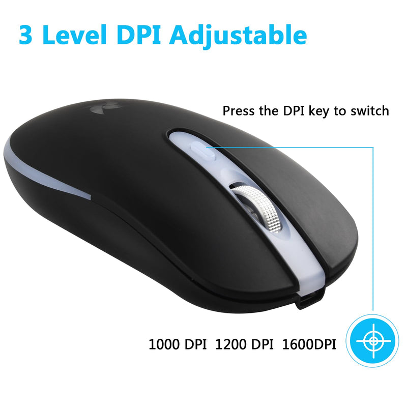 [AUSTRALIA] - HZD LED Wireless Mouse, Slim Silent Rechargeable Mouse, 2.4G Portable USB Optical Mouse with Type C Adapter, 3 Adjustable DPI Levels 1600/1200/800 Computer Mouse for Laptop,PC,MacBook,Notebook Black 