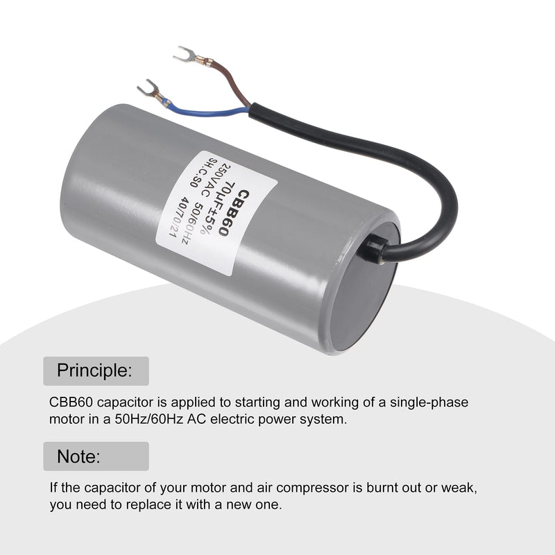 MECCANIXITY CBB60 Run Capacitor 70uF 250V AC 2 Wires 50/60Hz Cylinder 124x60mm with Terminal for Air Compressor Water Pump Motor