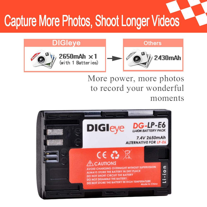 LP-E6 2650mAh high Capacity LP E6 LPE6 LP E6N Battery & USB Dual Charger Compatible for Canon EOS 60D 70D 80D, 6D, 7D, 70D, 5D Mark III and IV, 5D Mark II, BG-E14, BG-E11, BG-E9, BG-E7, BG-E6,XC10