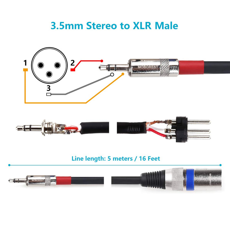 MOBOREST 3.5mm 1/8" TRS Stereo to XLR Male Microphone Cable, Are great for iPhone, iPod, Computer, Video camera, etc, to a single XLR line input on a mixing console, (XLR Male-16Feet / 5Meters) XLR Male-16Feet / 5Meters