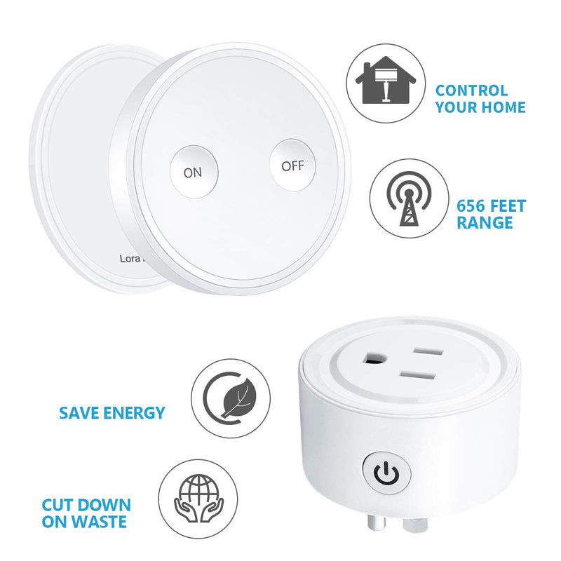 LoraTap Mini Remote Control Outlet Plug Adapter with Remote, 656ft Range Wireless Light Switch for Household Appliances, No Hub Required, 10A/1100W, White, 2 Years Warranty (2 Remotes + 1 Outlet)