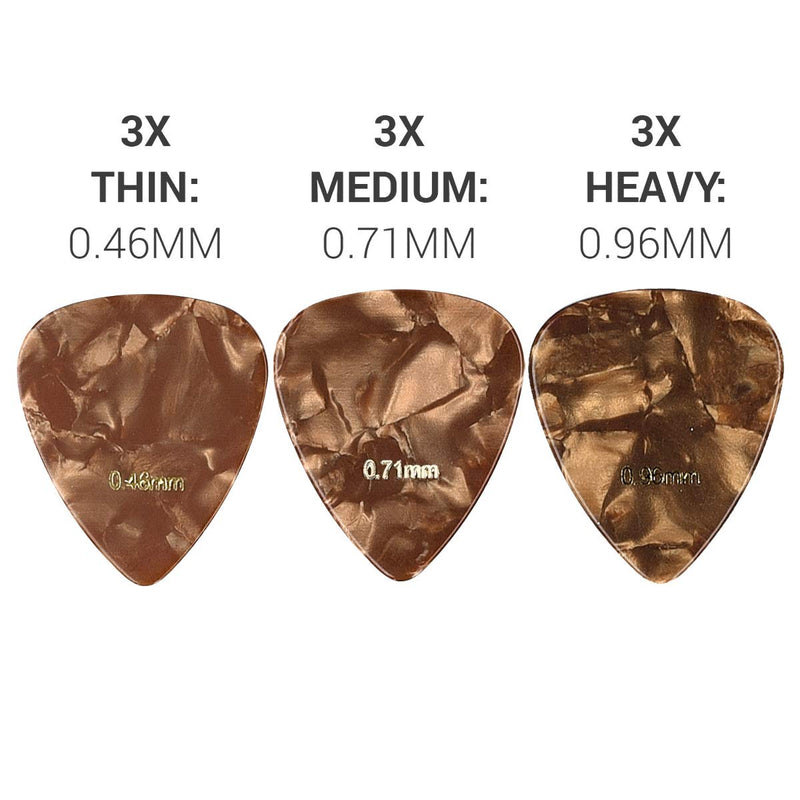 kwmobile Set of 9 Guitar Picks - Includes Thin, Medium, Heavy Gauges for Acoustic, Electric or Bass Guitar, Ukulele - Black/White/Gold Black + white + gold