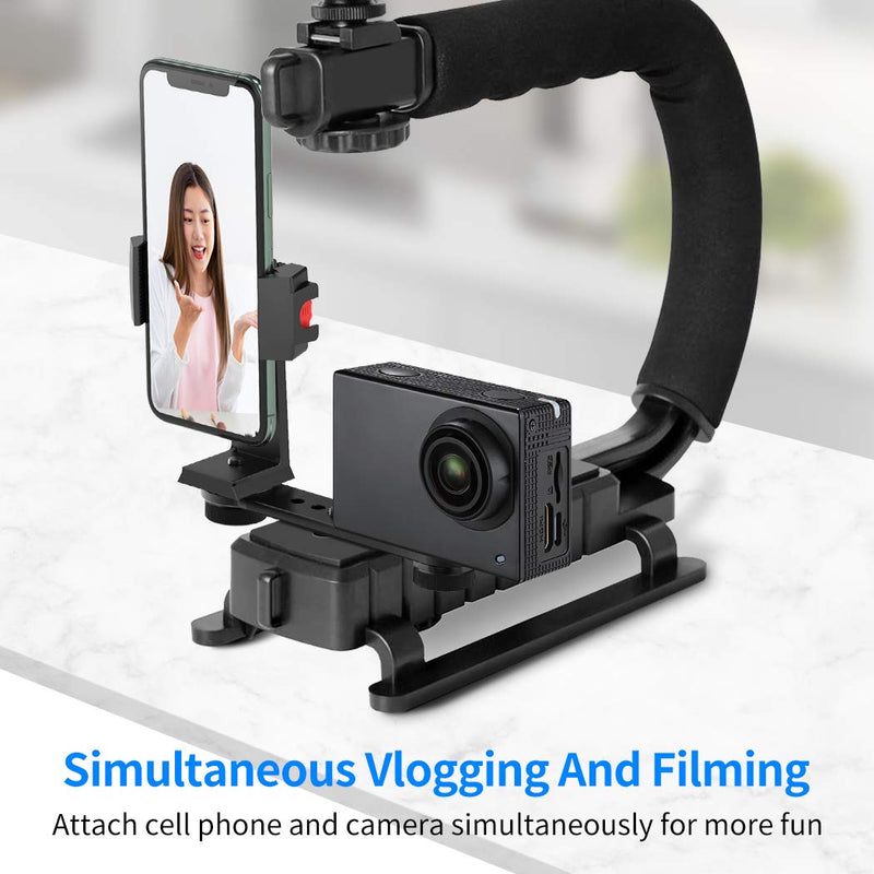 Triple Cold Shoe Extension Bar Bracket with 1/4 3/8 Adapter, Gimbal Video Light Microphone Mount with Phone Tripod, Compatible for DJI OSMO Mobile 3 4, Zhiyun Smooth 4 Q, Feiyu Stabilizer Accessories