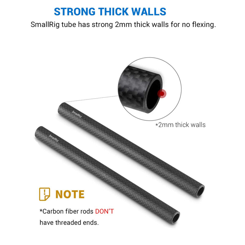 SMALLRIG 15mm Carbon Fiber Rod for 15mm Rod Support System (Non-Thread), 8 inches Long, Pack of 2 - 870 Carbon Fiber Rod - 8"