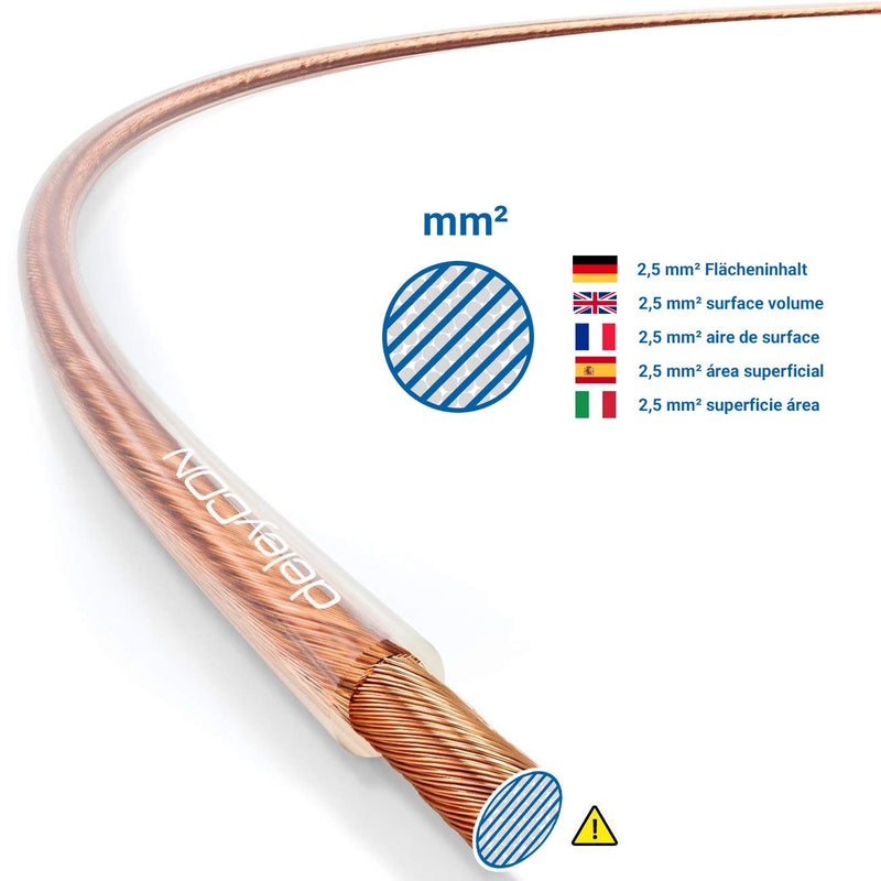 deleyCON 10m (32.81 ft.) Loudspeaker Cable 2x 2.5mm² Speaker Cable CCA Copper-Coated Aluminium 2x50x0.25m (82.02 ft.) m Filaments Polarity Marking - Transparent 10 meters (32.81 ft.)