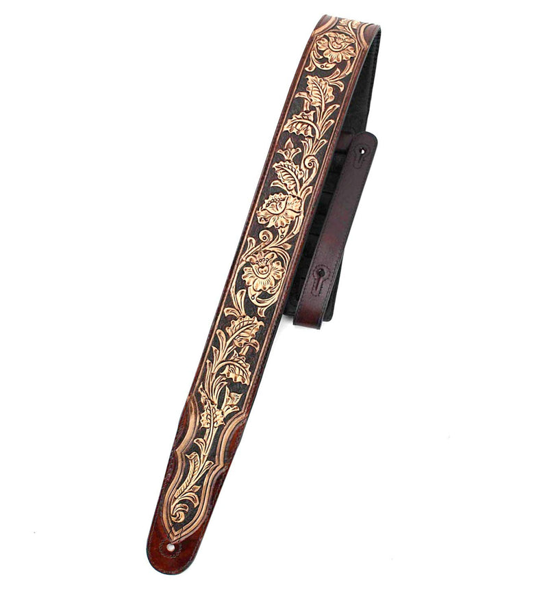 Walnut Brown Carving Leather Padded Guitar Strap With Hand Carved Traditional Western Tooling Walker & Williams KH-02-BRN