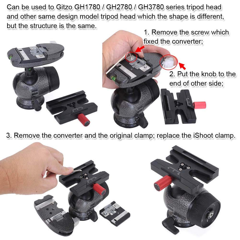 iShoot Adapter Clamp Compatible with Manfrotto Gitzo Quick Release Plate of Arca-Swiss Fit 200PL 410PL& ARCA Fit Tripod Head Gitzo GH 1780 2780 3780 Manfrotto MH 490 492 494 496 498 054 055 057 MHXPRO