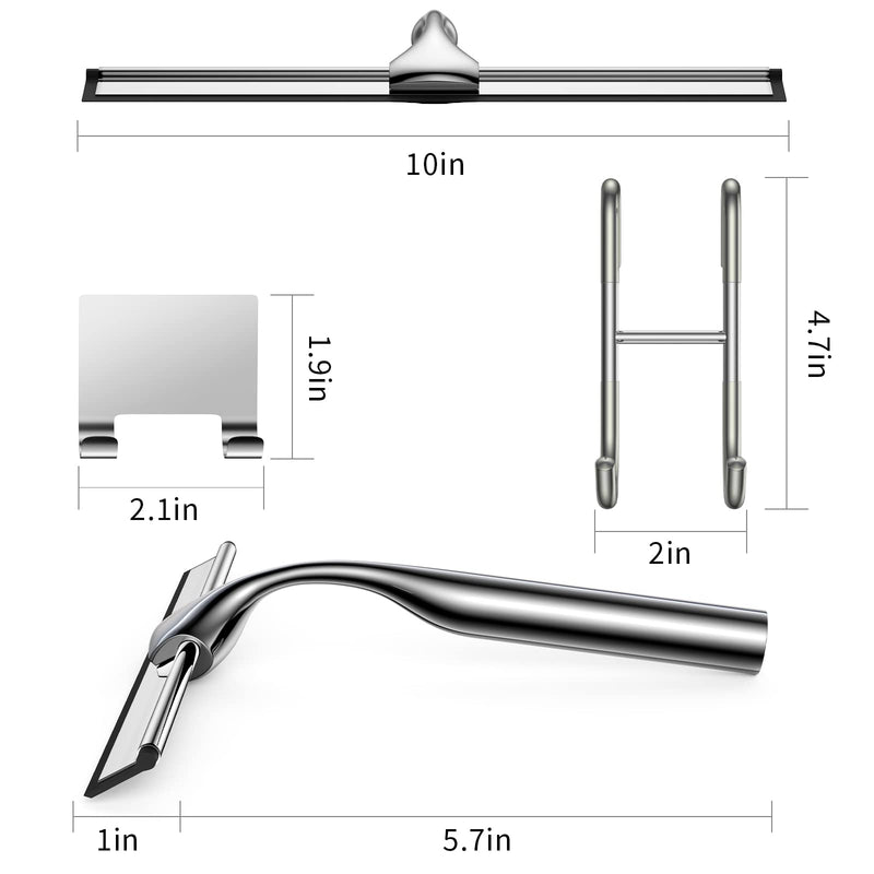 Shower Squeegee for Shower Glass Door, 10-Inch Stainless Steel Squeegee for Bathroom Doors Mirror Car Windows All-Purpose Squeegee with Matching Hooks Holder, 1 Replacement Squeegee Blade Silver