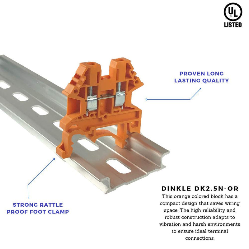 Dinkle Orange DK2.5N-OR DIN Rail Terminal Block Screw Type UL 600V 20A 12-22AWG, Pack of 100