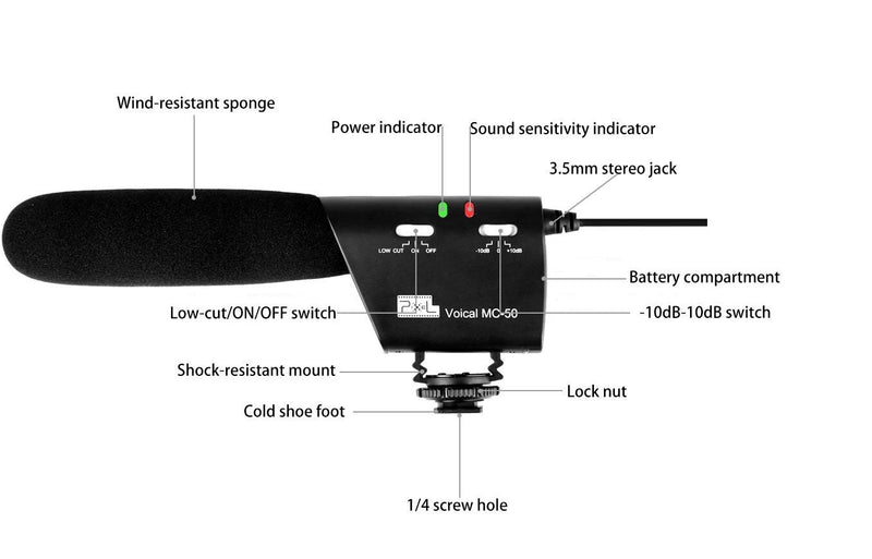 Pixel MC-50 High Sensitivity Photography Interview Shotgun MIC Microphone for Nikon Canon DSLR Camera DV Camcorder (Need 3.5mm Interface)