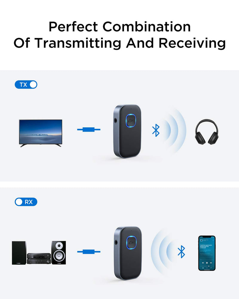 AINOPE Transmitter and Receiver Bluetooth 5.0 Adapter, 2-in-1 Wireless 3.5mm Adapter Low Latency, 2 Devices Simultaneously, Compatible with TV/Home Sound System/Car/Nintendo Switch