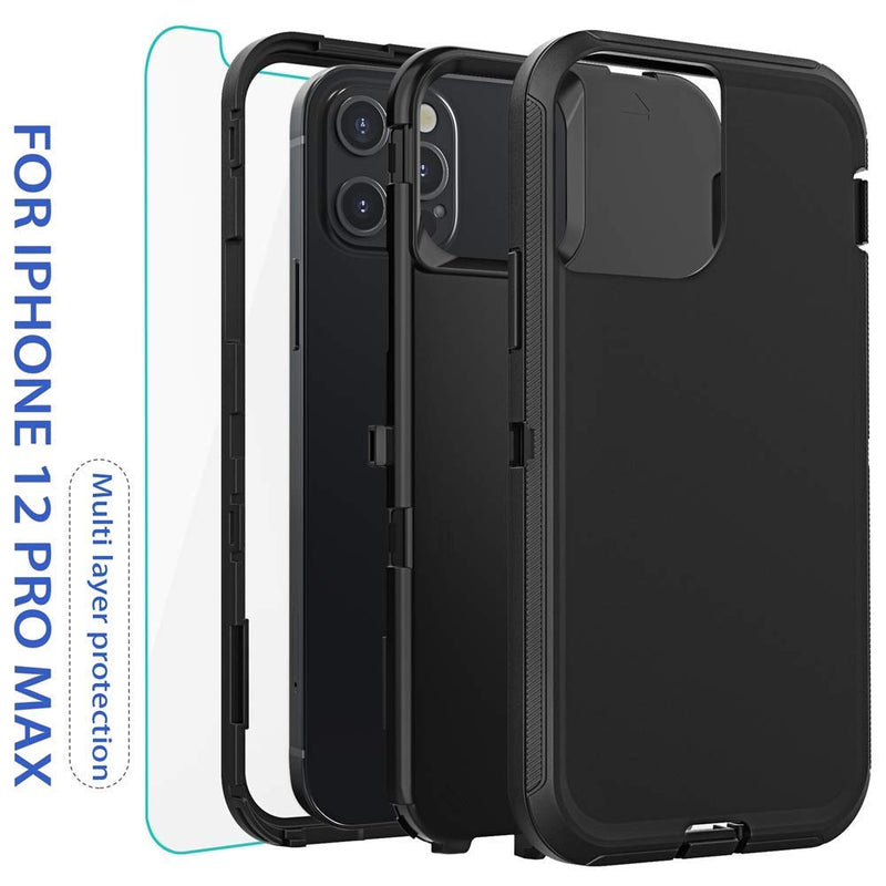 DiverBox Shockproof Case for iPhone 12 Pro Max Protective case Drop Protective Screen Protector with Tempered Glass 3 Layer Rugged Heavy Duty Cases (Black) BLACK