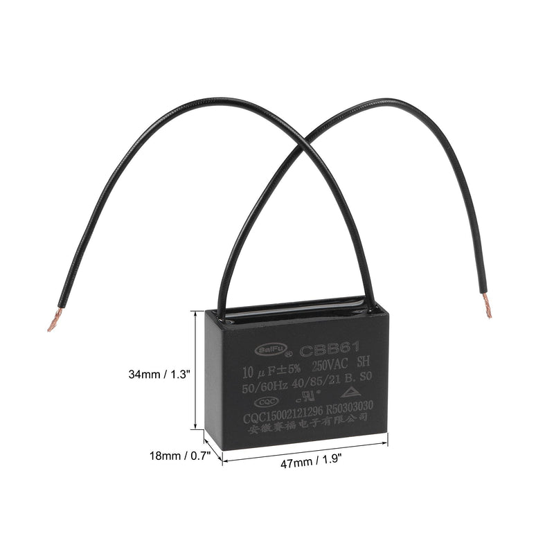 uxcell Ceiling Fan Capacitor CBB61 10uF 250V AC 2 Wires Metallized Polypropylene Film Capacitor 47x34x18mm for Electric Fan Pump Motor Generator 2Pcs