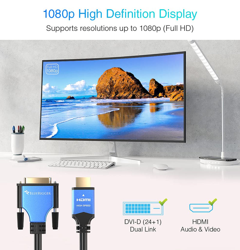 [AUSTRALIA] - BlueRigger HDMI to DVI Cable (3FT, High-Speed, Bi-Directional Adapter Male to Male, DVI-D 24+1, 1080p, Aluminum Shell) - Compatible with Raspberry Pi, Roku, Xbox One, PS5/PS4, Graphics Card 3FT 