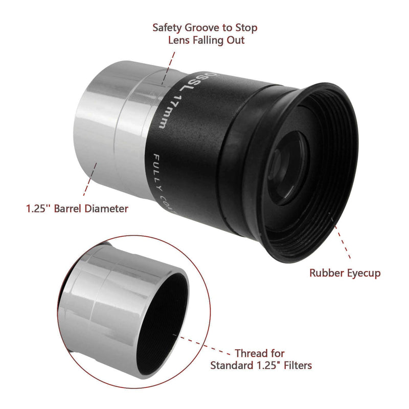 Astromania 1.25" 17mm Plossl Telescope Eyepiece - 4-Element Plossl Design - Threaded for Standard 1.25inch Astronomy Filters