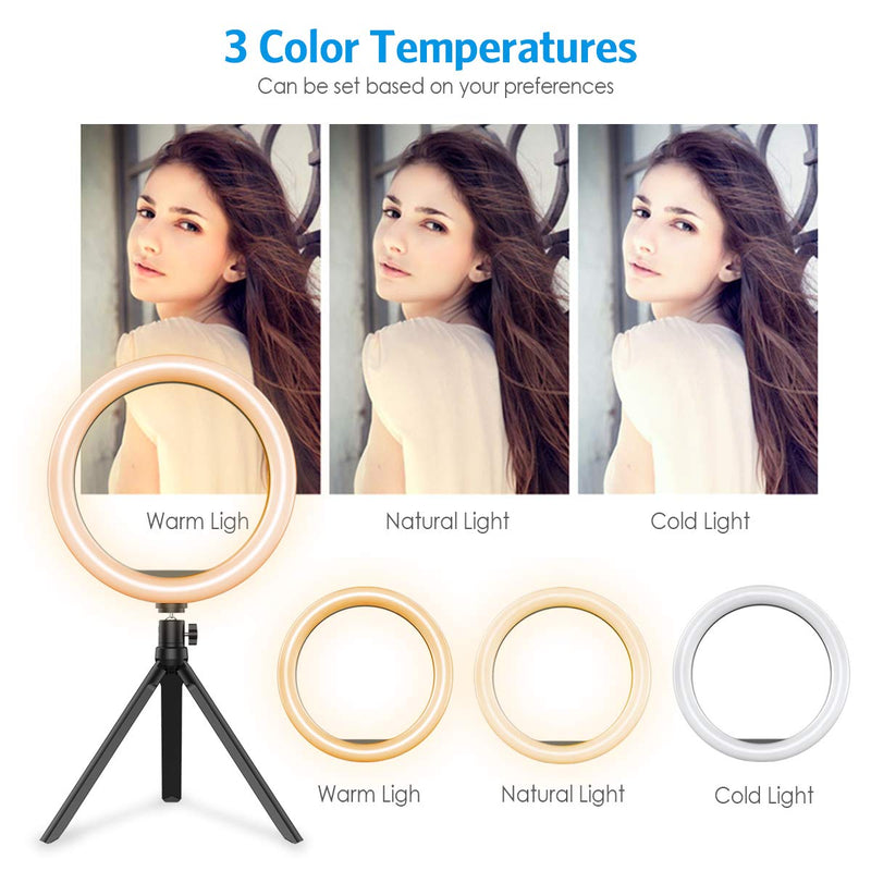 Criacr 10'' LED Ring Light with Tripod Stand, for Live Streaming & YouTube Video, Dimmable Desk Makeup Light for Phpgography, with Cell Phone Holder, 3 Light Modes and 10 Brightness Level