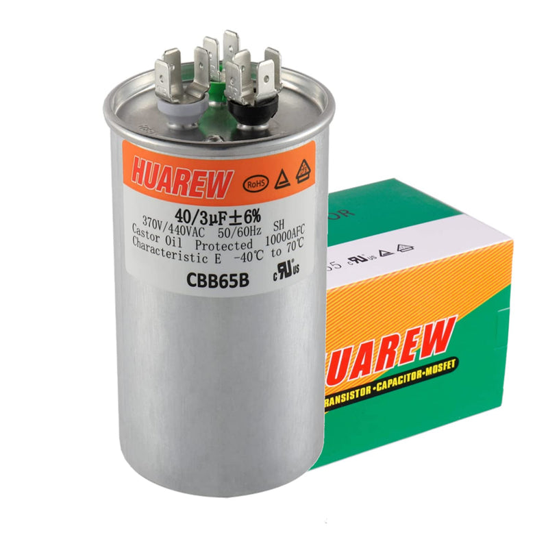 HUAREW 40+3 uF ±6% 40/3 MFD 370/440 VAC CBB65 Dual Run Start Round Capacitor for Condenser Straight Cool or Heat Pump Air Conditioner or AC Motor and Fan Starting