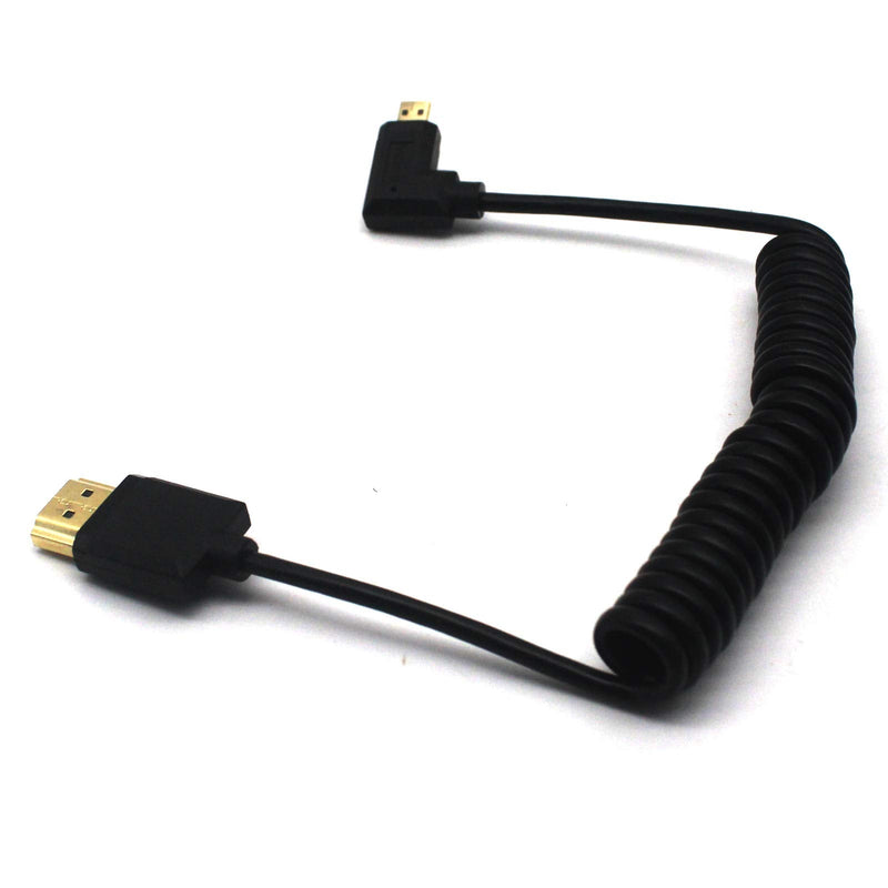 MOTONG Standard 4K HDMI 2.0 to Micro HDMI Cable, Coiled Micro HDMI Male 90 Degree Right Angle to HDMI 2.0 Male Cable Cord 4K@60Hz(1.2M, M to M Right Angle) 1.2M