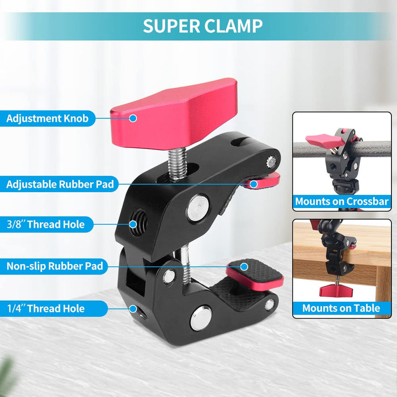 [AUSTRALIA] - JEBUTU Super Clamp with 1/4" and 3/8" Thread and Upgraded One Section 13 inches/34cm Adjustable Articulating Friction Magic Arm with 1/4" Thread Screw for LED Light, Flash Light, Microphone, Monitor One Section Magic Arm 