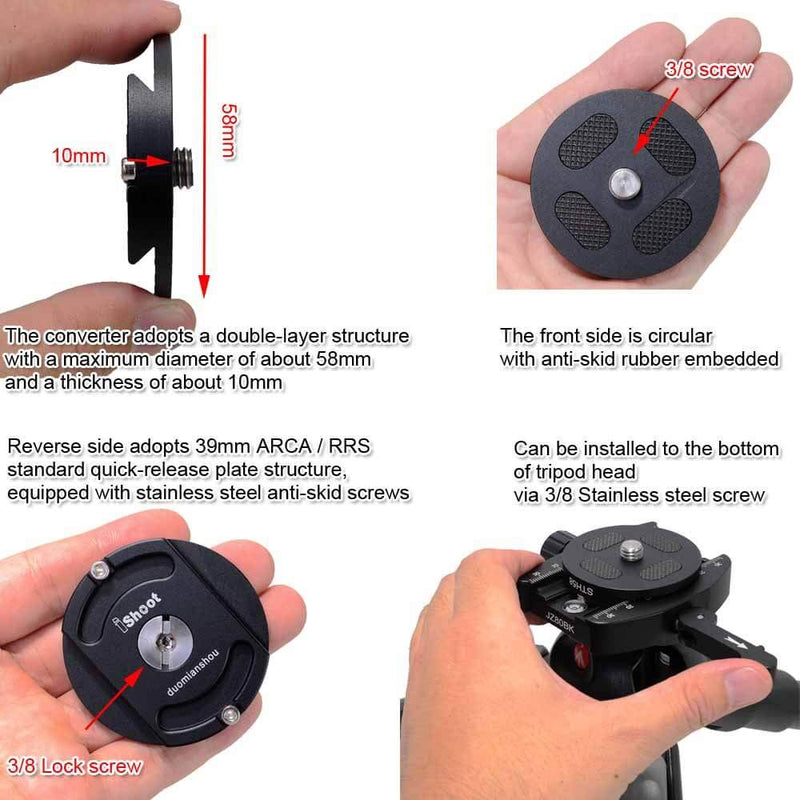 iShoot Metal Quick Release Adapter Tripod Head Mount Converter for Cantilever Head, Fluid Head, Ball Head, Tripod Head with Circular Bottom & 3/8" Screw Hole, Bottom is Arca Type Quick Release Plate