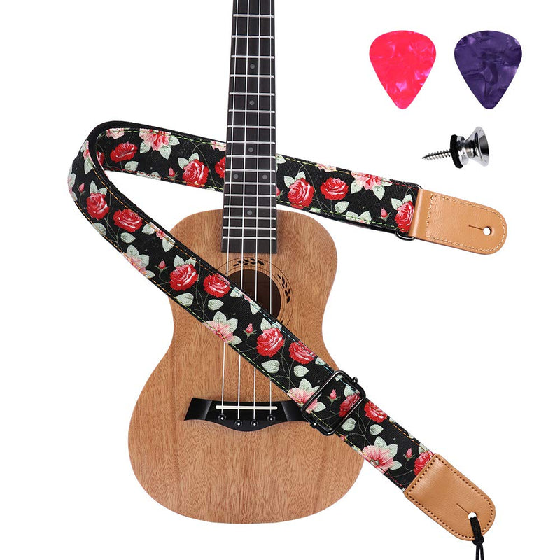 Ukulele Strap, IHOBOR Hawaiian Black Rose Ukelele Shoulder Strap, Suitable for Soprano Concert Tenor Baritone String Instruments