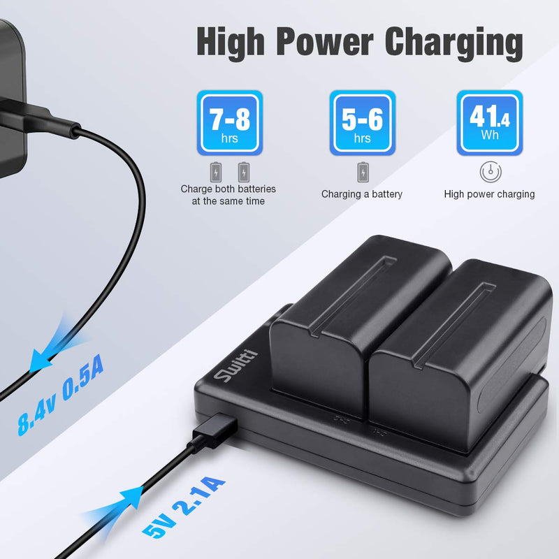 Switti NP-F750 Battery, 2-Packs 5600mAh Li-ion Replacement Batteries with Dual Slot USB Charger for Sony NP-F550, F570, F750, F770, F930, F950, FM55H, FM500H, QM71, QM91, QM71D and Video Light