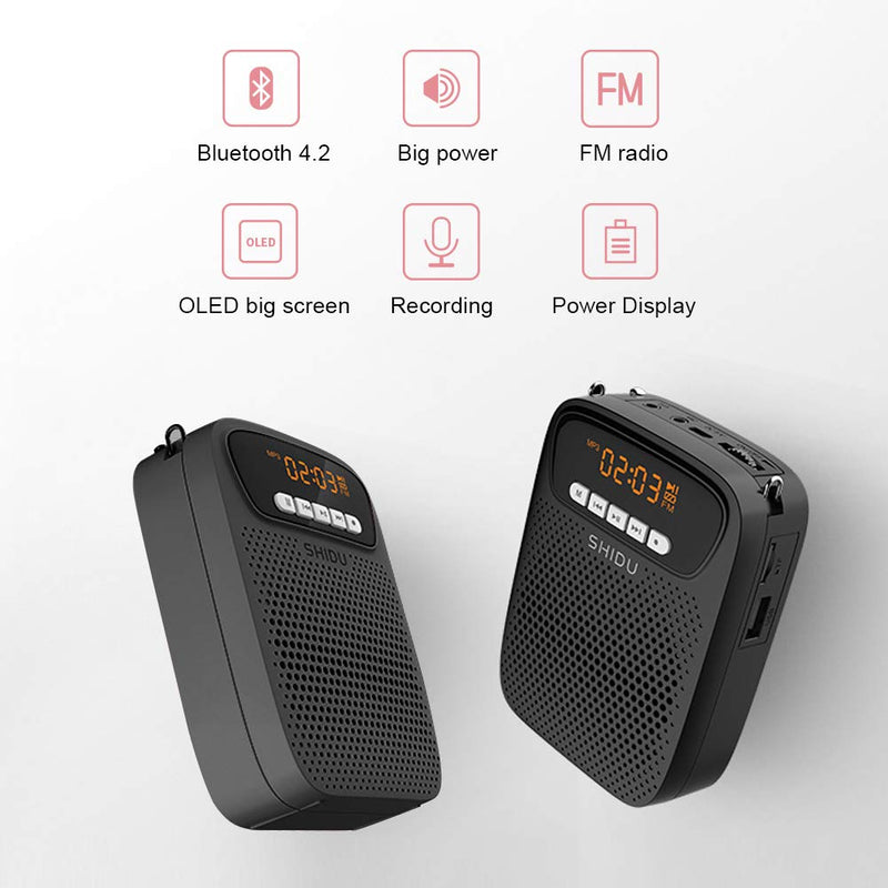 [AUSTRALIA] - SHIDU Portable Voice Amplifier FM Radio Wired Microphone Bluetooth Loudspeaker (Black) Black 