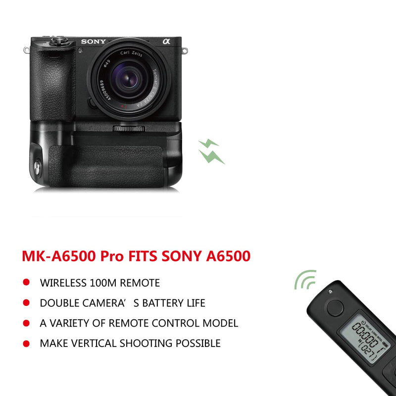 Meike MK-A6500 Pro Battery Grip Built-in Remote Controller Up to 100M to Control Shooting Vertical-Shooting Function for Sony A6500 Mirroless Camera with Remote Control