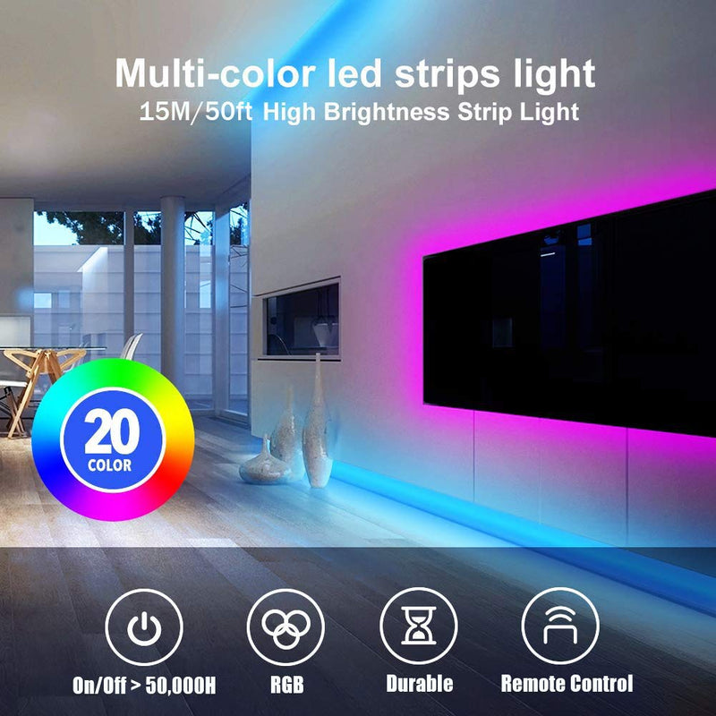 50ft RGB LED Strip Lights Kit, A-1ux 15M Flexible Color Changing LED Light Strips with DC24V Power Supply 44Key IR Remote Controller, Decor for Bedroom,Party,Bar ,Kitchen