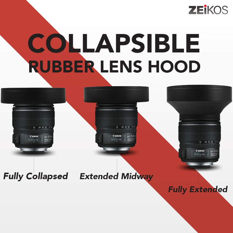 Zeikos 58mm Deluxe Collapsible Rubber Lens Hood w/3 Stages, includes Miracle Fiber Microfiber Cloth, For CANON Rebel T5i T4i T3i T2i T1i XT XTi XSi SL1, CANON EOS 700D 650D 550D 500D 450D 350D 300D 1100D 100D 60D