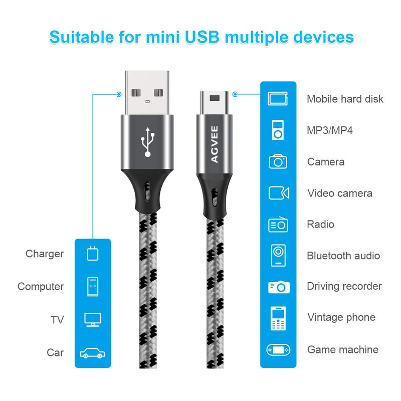 AGVEE [2 Pack 6ft] Mini USB Cable, Braided Durable USB-A to Mini-B Charger Charging Cord for TI-84, GPS, Go-Pro Hero 4 3 2 HD, PS3 Controller, Canon Nikon Digital Camera, Blue Yeti, Gray