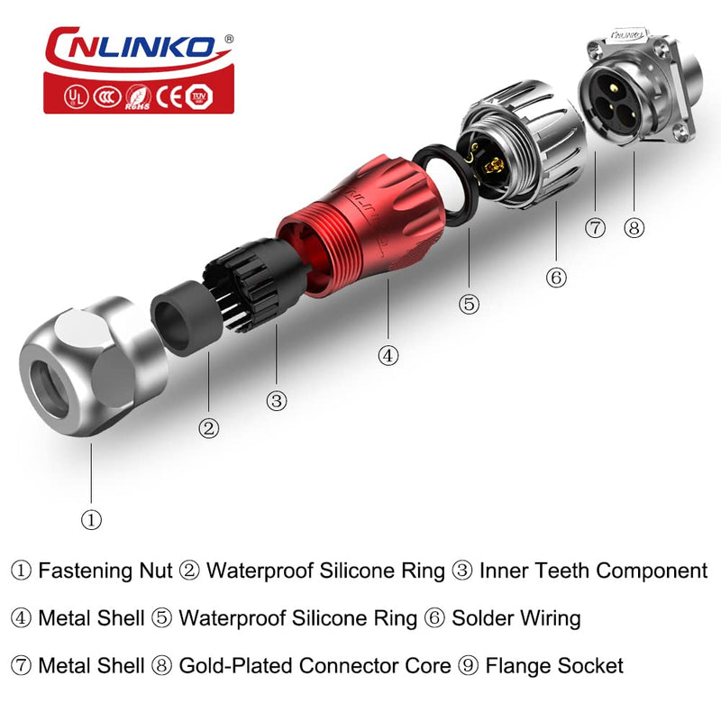 CNLINKO DH Series M20 Waterproof Connector 2/3/4/5/7/9/12 Pin Bayonet Connecting Type Metal Shell Soldering Cable Landscape Light Female Plug Male Socket IP67 Waterproof connectors 3pin
