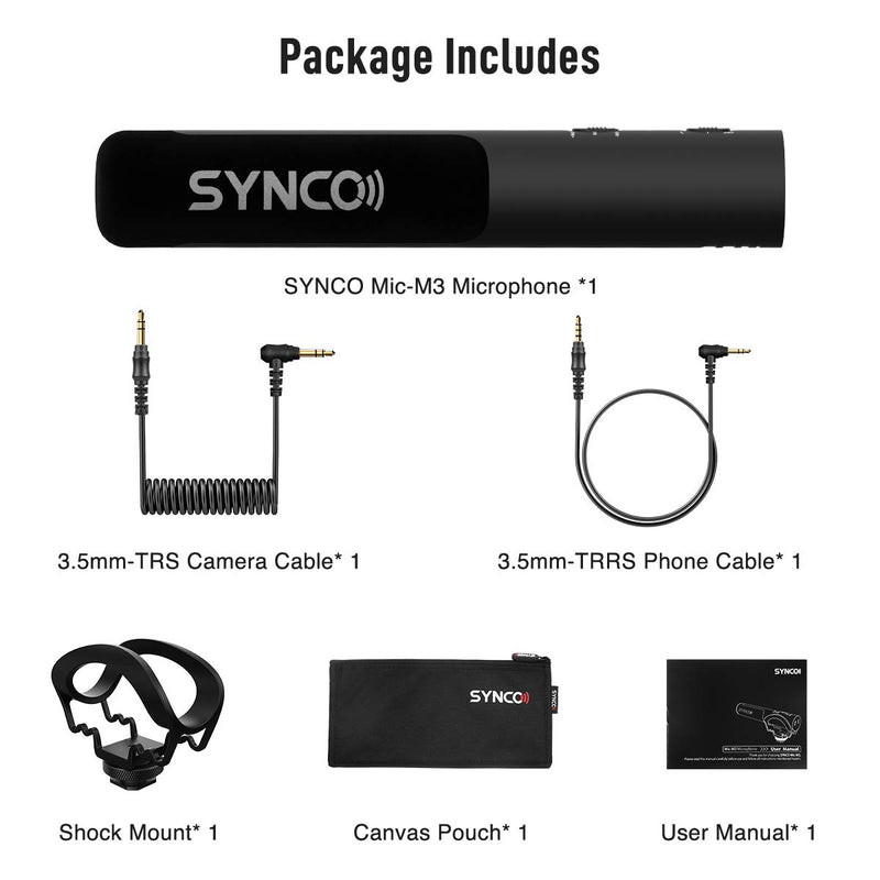 [Official] SYNCO Mic-M3 On-Camera-Shotgun-Mic Video Microphone for Smartphone, DSLR Camera, Camcorder, Super-Cardioid Condenser with Gain Adjustment 3.5mm TRRS TRS Cables M301