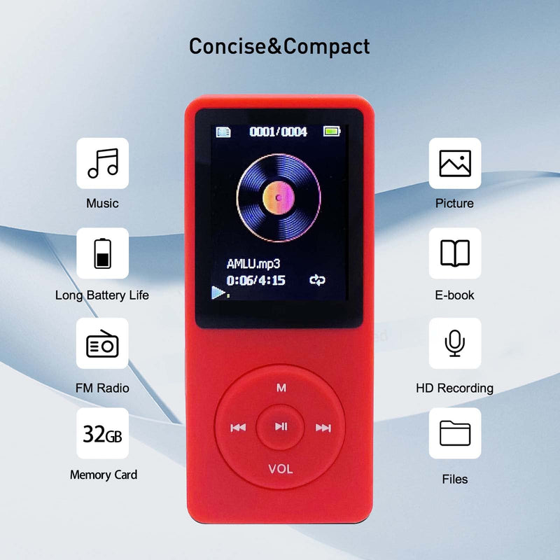 MP3 Player with 32GB Music Player with Video/Voice Record/FM Radio/E-Book/Photo Viewer Music mp3 Player for Kids Support up to 128GB Deep Red