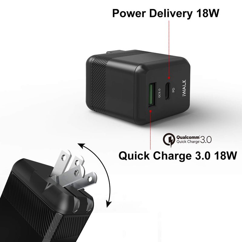 USB C Charger iWALK 2-Port 18W Fast Charger QC 3.0 Foldable Power Adapter PD Charger for iPhone 12/12 Mini/12 Pro/12 Pro Max 11 Pro 8 6 Pixel Galaxy iPad Pro Airpods Pro