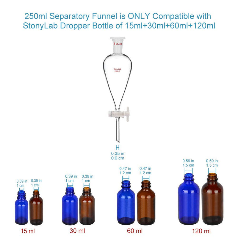 StonyLab Borosilicate Glass 250ml Heavy Wall Conical Separatory Funnel with 24/29 Joints and PTFE Stopcock - 250ml 250 mL