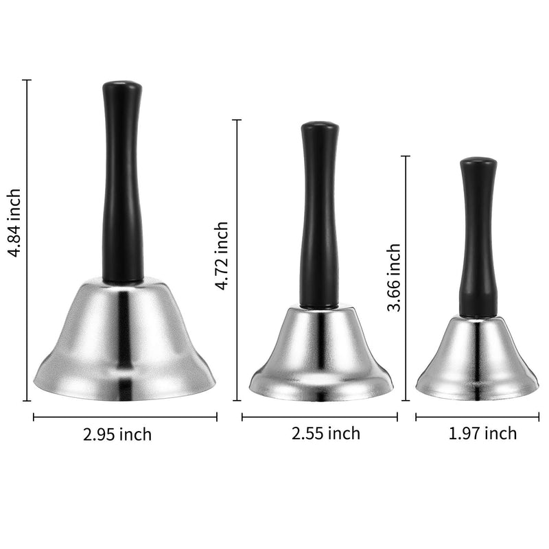 3 Pieces Steel Handbell Hand Bell Call Bell Black Wooden Handle Diatonic Metal Bells Musical Percussion (Silver) Silver