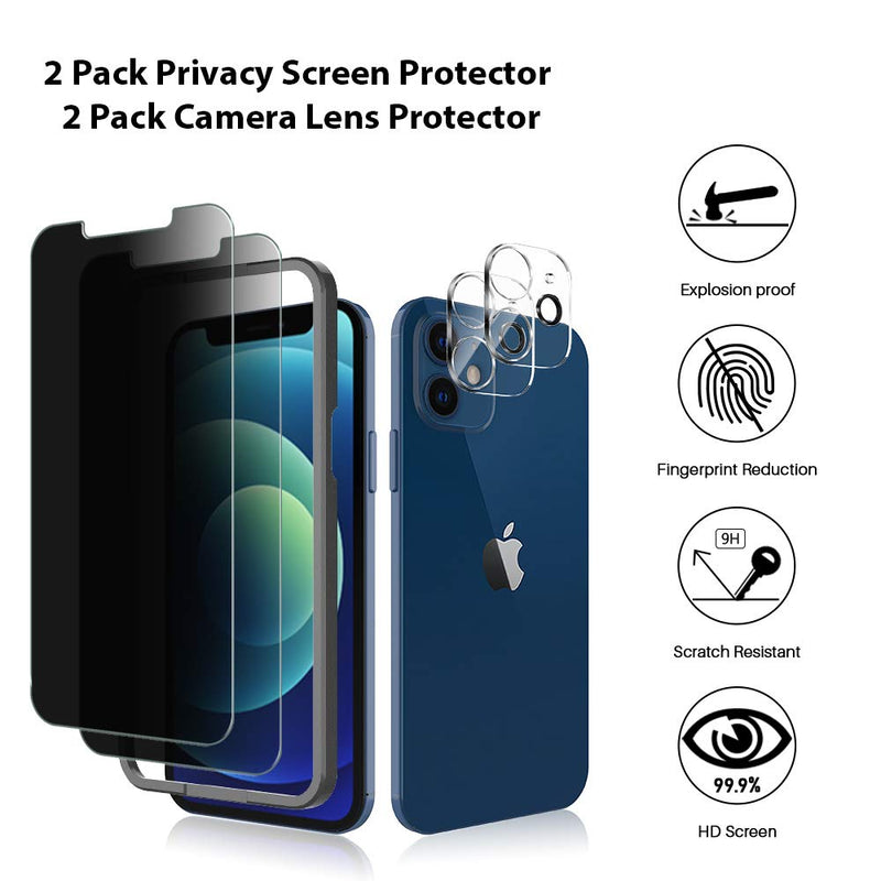 [2+2 Pack] MP-MALL 2 Pack Privacy Screen Protector + 2 Pack Camera Lens Protector Compatible with iPhone 12 Mini 5G 5.4-inch, Not Fit for iPhone 12, Tempered Glass 9H Hardness