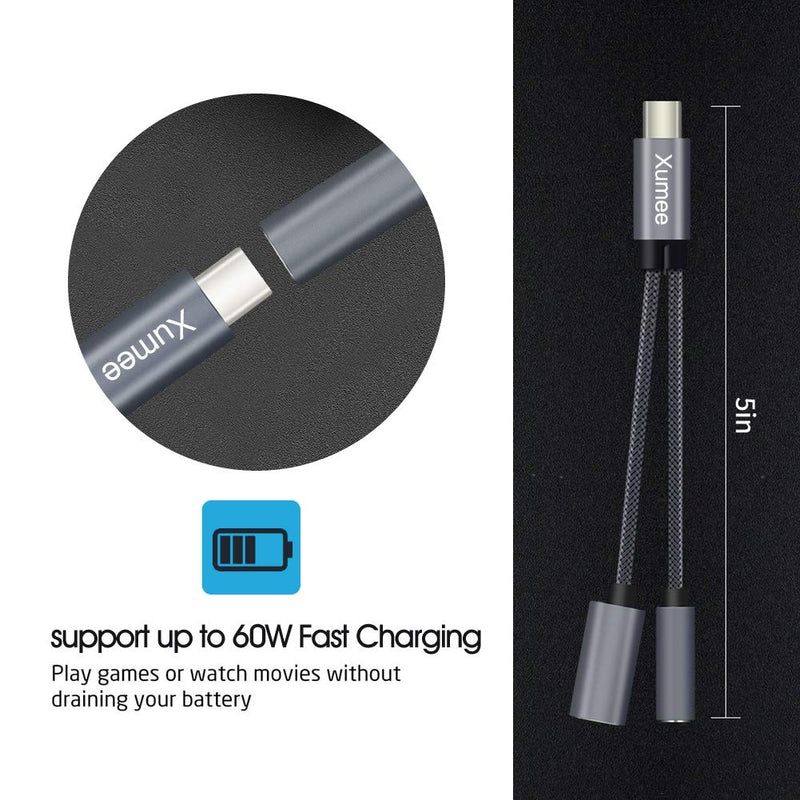 USB Type C to 3.5mm Headphone and Charger Adapter,Xumee 2-in-1 USB C to Aux Audio Jack Hi-Res DAC and Fast Charging Dongle Cable Compatible with Pixel 4 3 XL, Galaxy S21 S20 S20+ Plus Note 20 (Grey) Grey