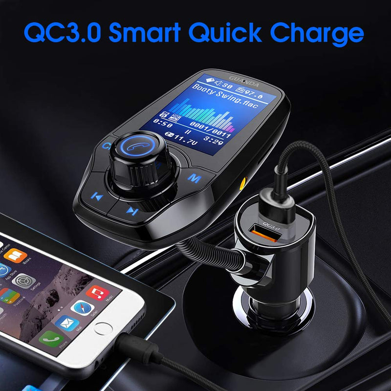 Guanda Bluetooth FM Transmitter for Car, Bluetooth Car Adapter, 4-in-1 Car MP3 Player with 1.8 Inch Color Display, AUX Input/Output, 3 Port USB, S Handsfree Call, SD/TF Card, USB Disk,QC3.0,5 EQ Modes Large Port-USB A Black