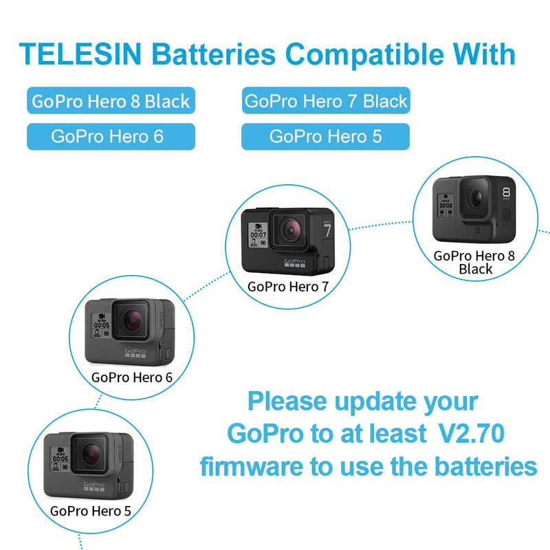 TELESIN 3-Pack Replacement Batteries and Triple Charger Compatible for GoPro Hero 8 Hero 7 Black Hero 6 Hero 5 Black Camera, with Accessories Lens Cover, Lens Protector Film, Battery Cases