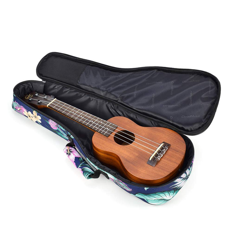 CLOUDMUSIC Ukulele Case Water Resistant Waterproof Ukulele Backpack Hawaiian Hibiscus Flowers For Soprano Concert (Soprano, Flowers in dark blue)